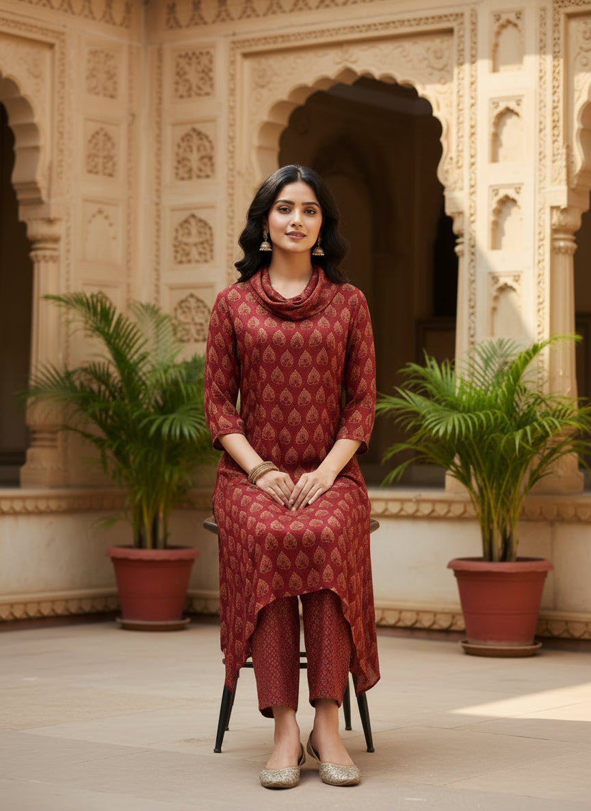 Maroon Printed Cowl Neck Pure Bemberg Modal Kurta Set
