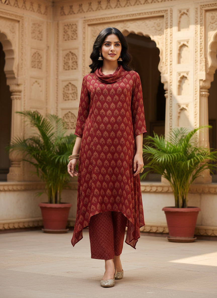 Maroon Printed Cowl Neck Pure Bemberg Modal Kurta Set