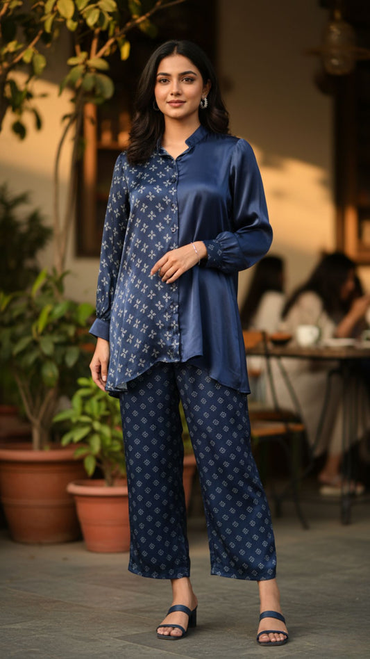 Midnight Blue Modal Satin Co-ord Set