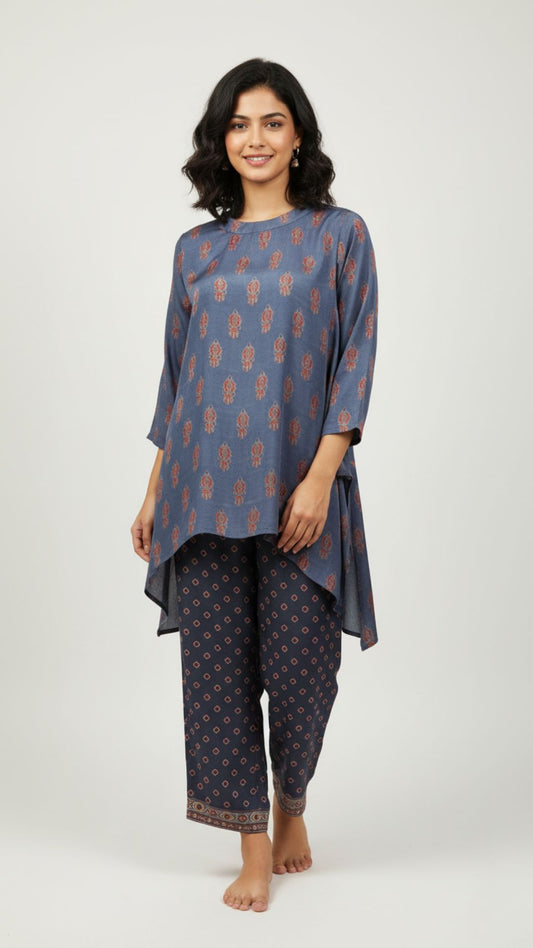 Slate Blue Printed Modal Kurta Set