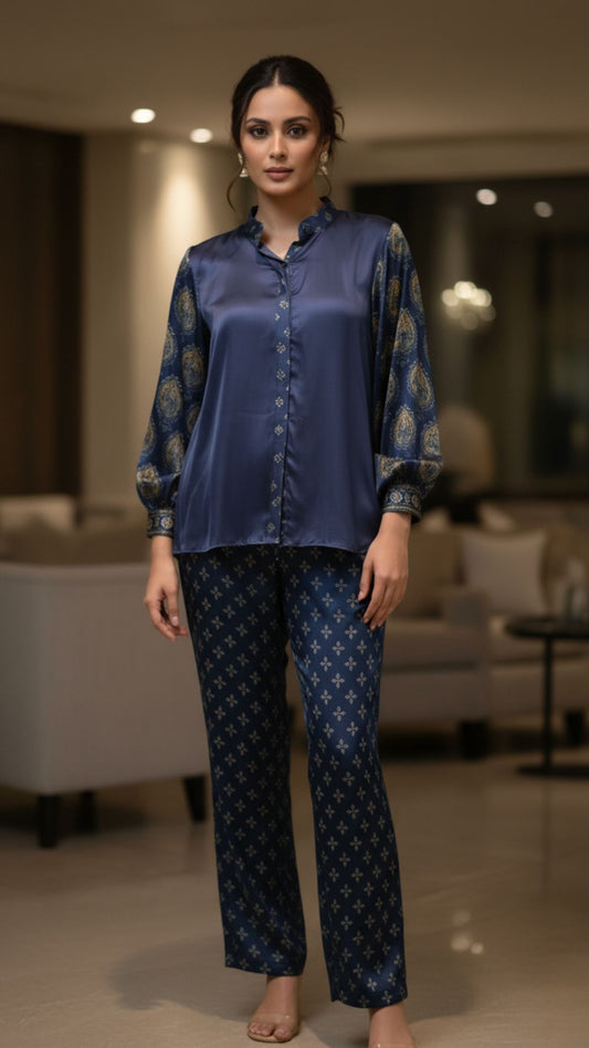 Midnight Blue Printed Modal Satin Co-ord Set