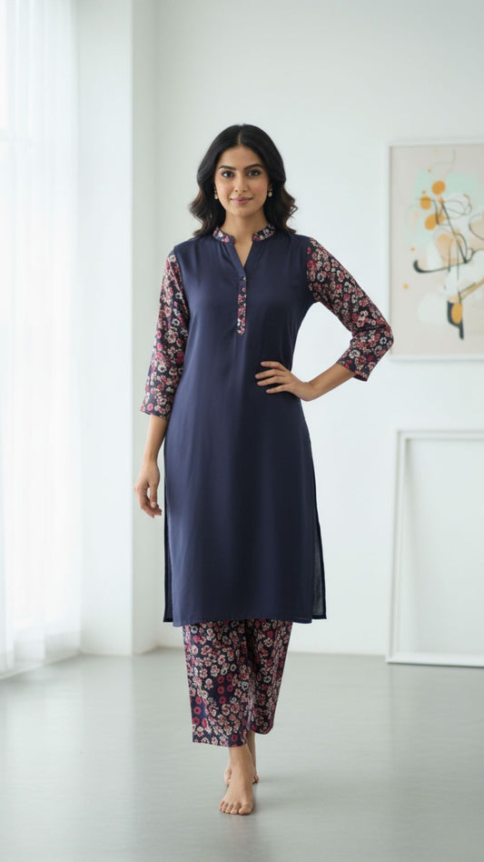 Navy Floral Contrast Modal Satin Kurta Set