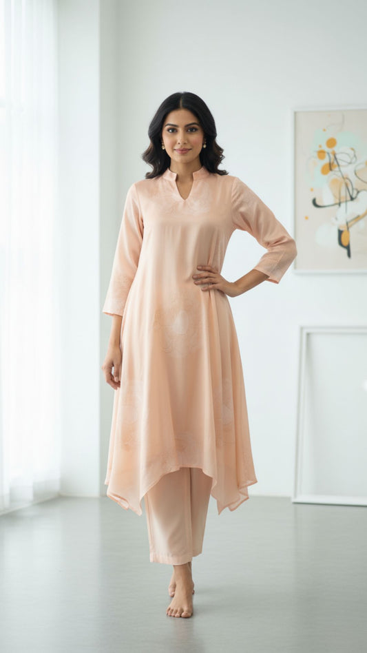 Blush Peach Asymmetric Muslin Tunic Set