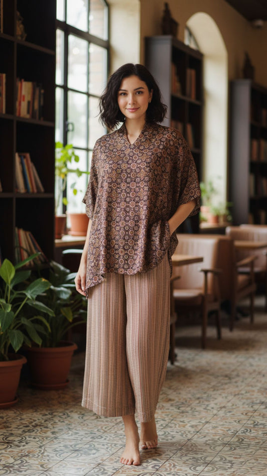 Coffee Brown Printed Modal Satin Co-ord Set