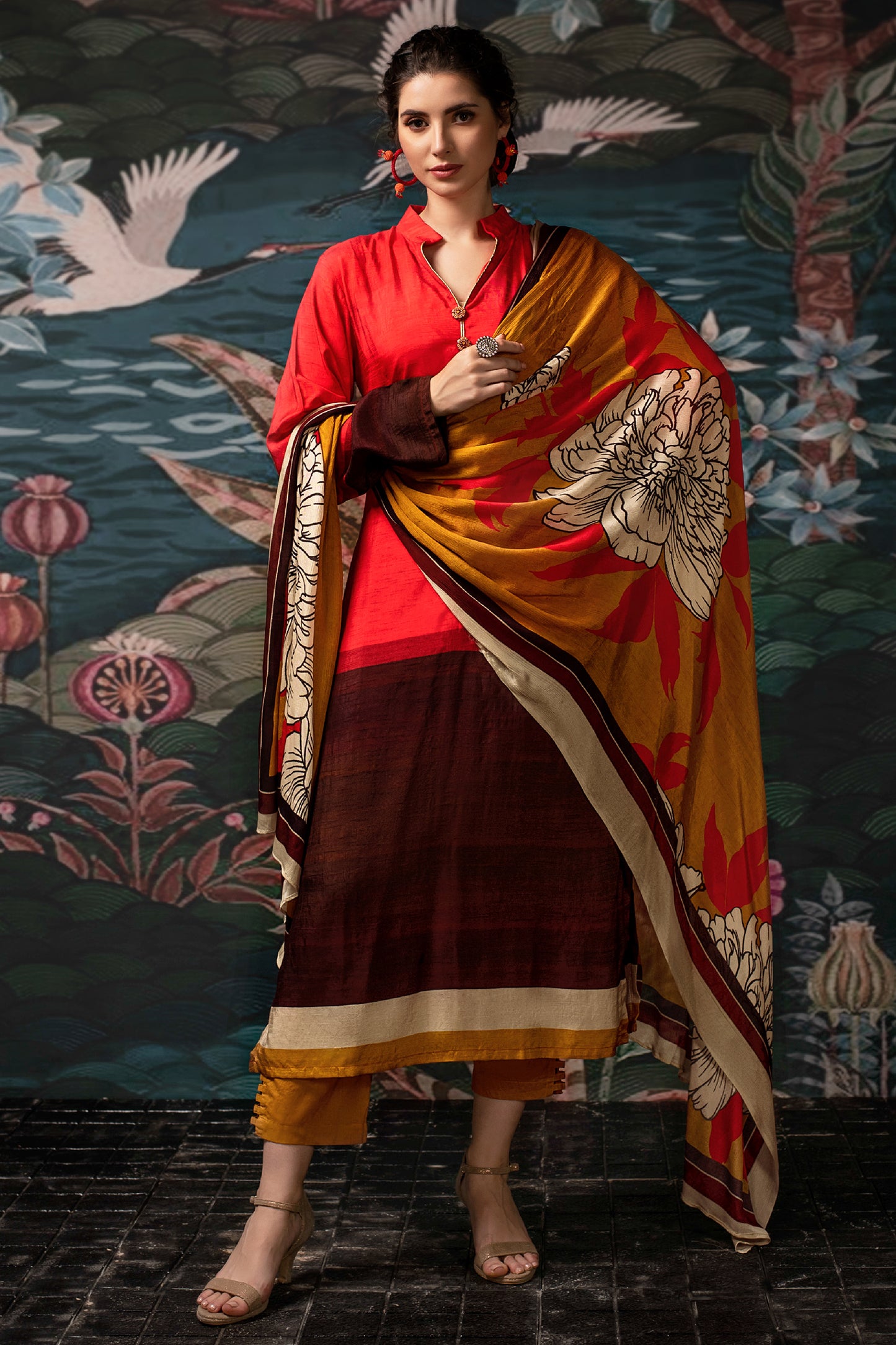 Dual Tone Floral Print Pure Dola Silk Kurta Set