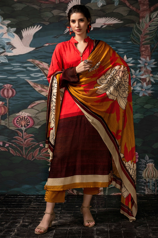 Dual Tone Floral Print Pure Dola Silk Kurta Set