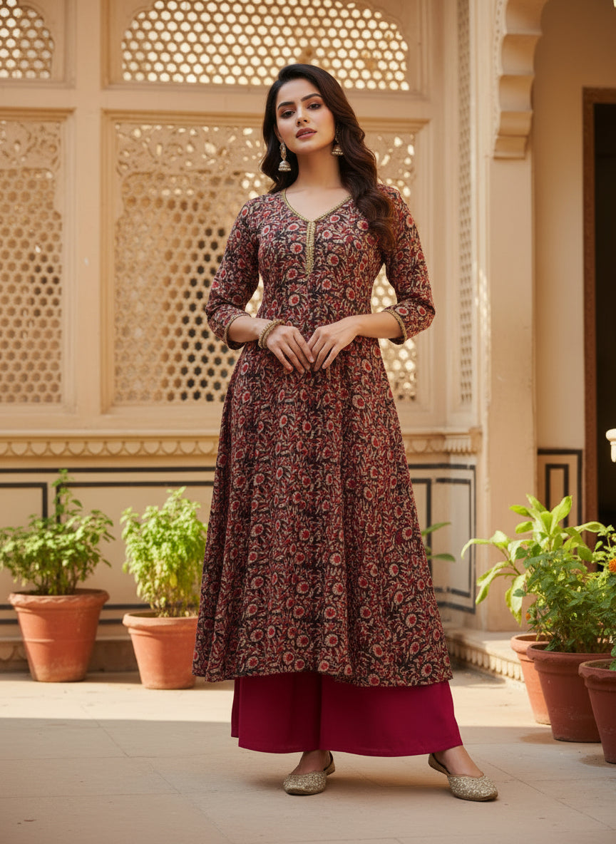 Wine Floral Modal Anarkali with Flared Palazzo