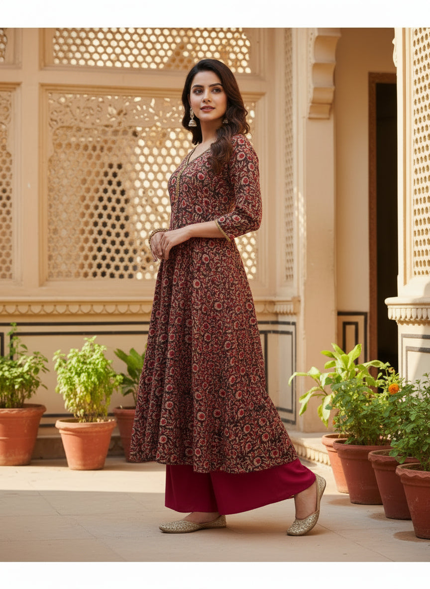 Wine Floral Modal Anarkali with Flared Palazzo