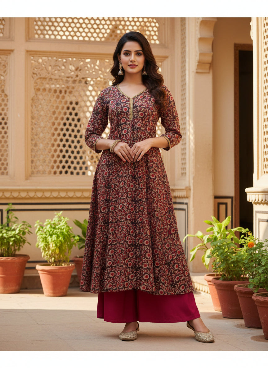 Wine Floral Modal Anarkali with Flared Palazzo