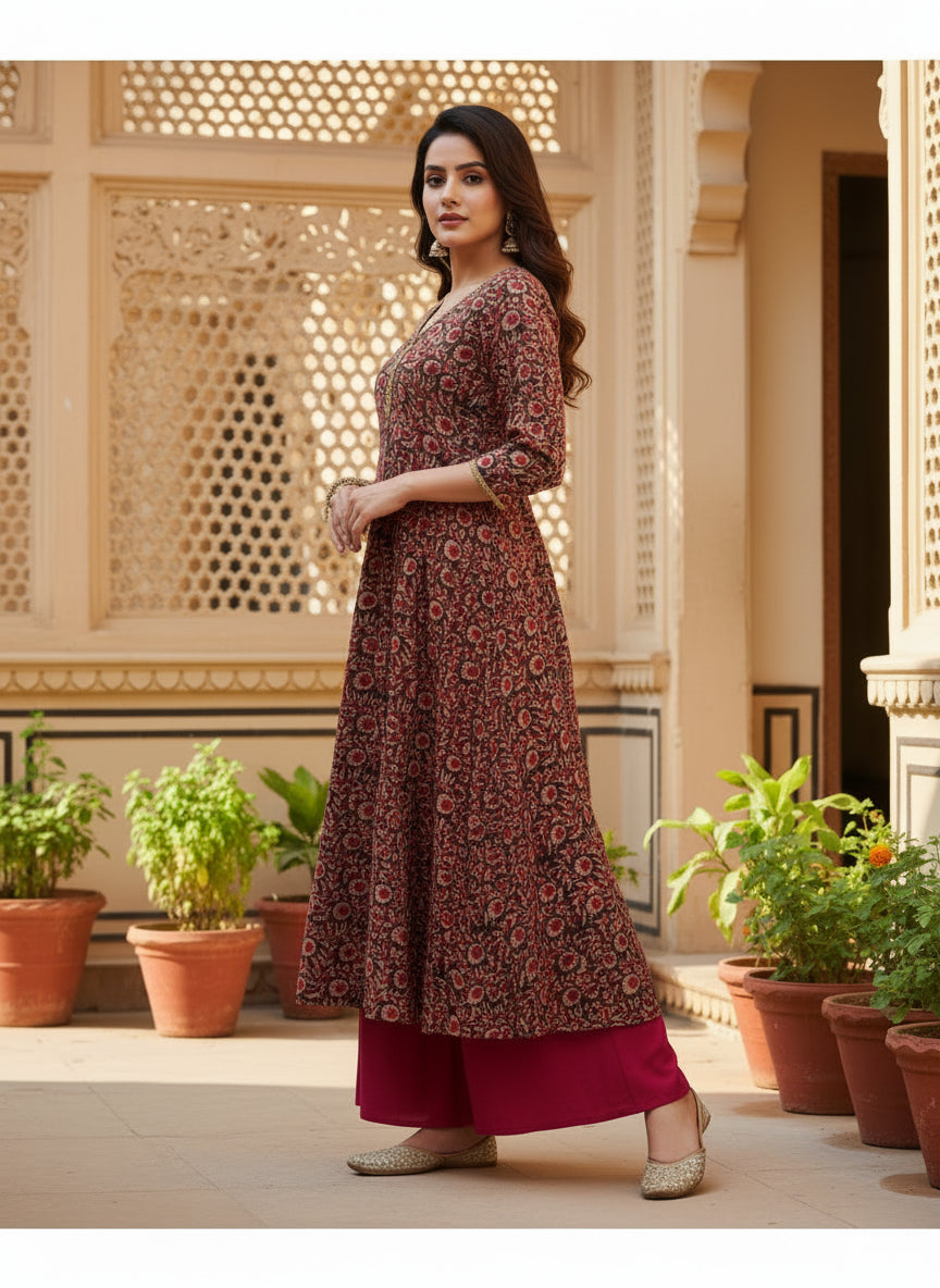 Wine Floral Modal Anarkali with Flared Palazzo