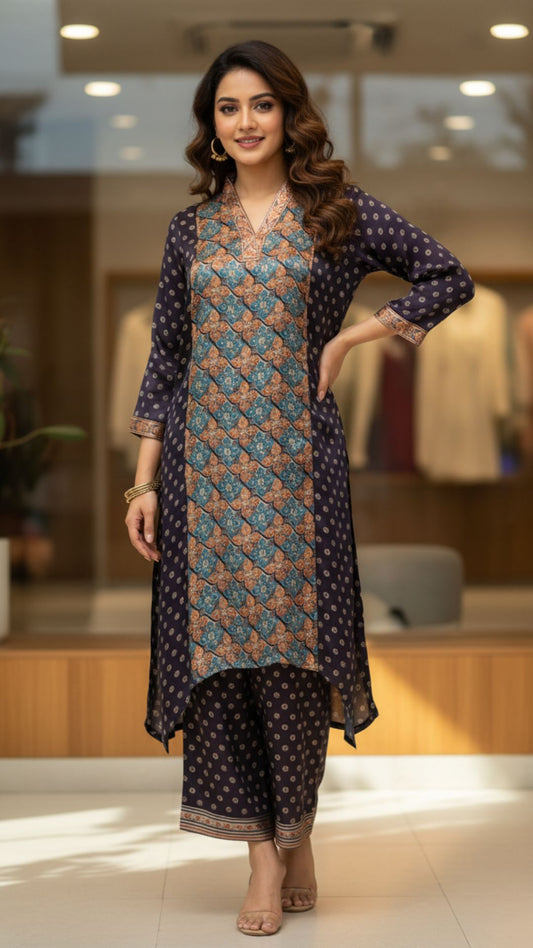 Navy Blue Printed Modal Satin Kurta Set
