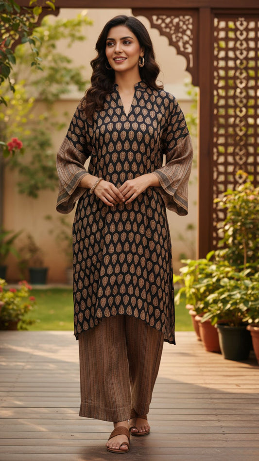 Black & Brown Printed Modal Satin Kurta Set
