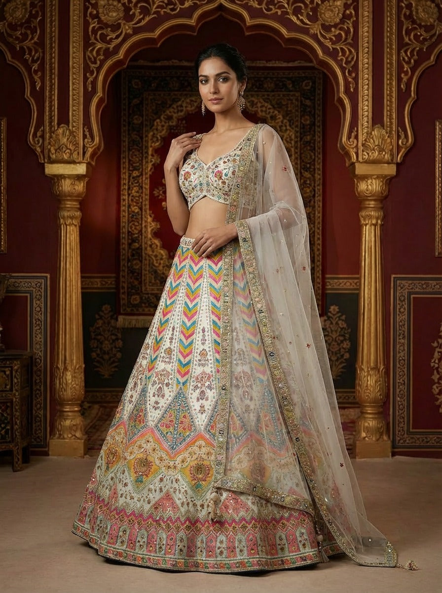 Multicolour Embroidered White Lehenga Set