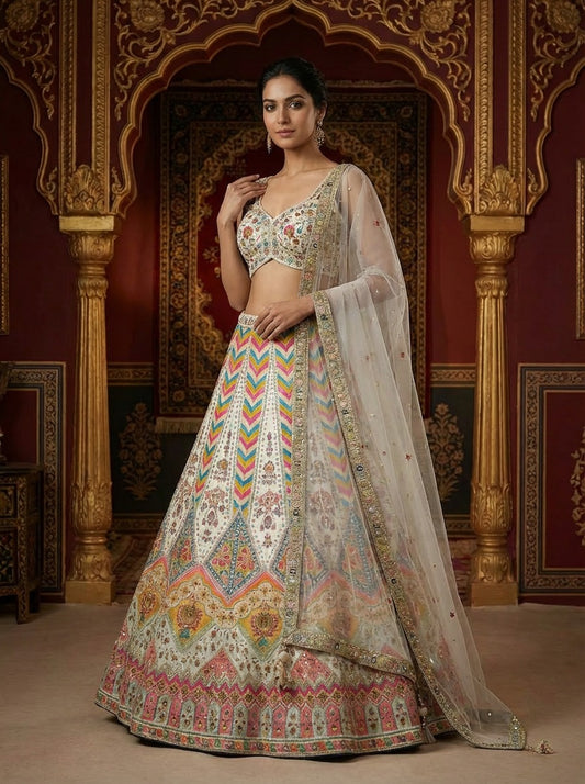 Multicolour Embroidered White Lehenga Set