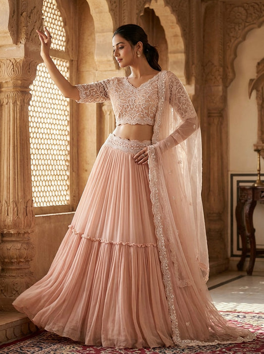 Peach Tiered Lehenga Set