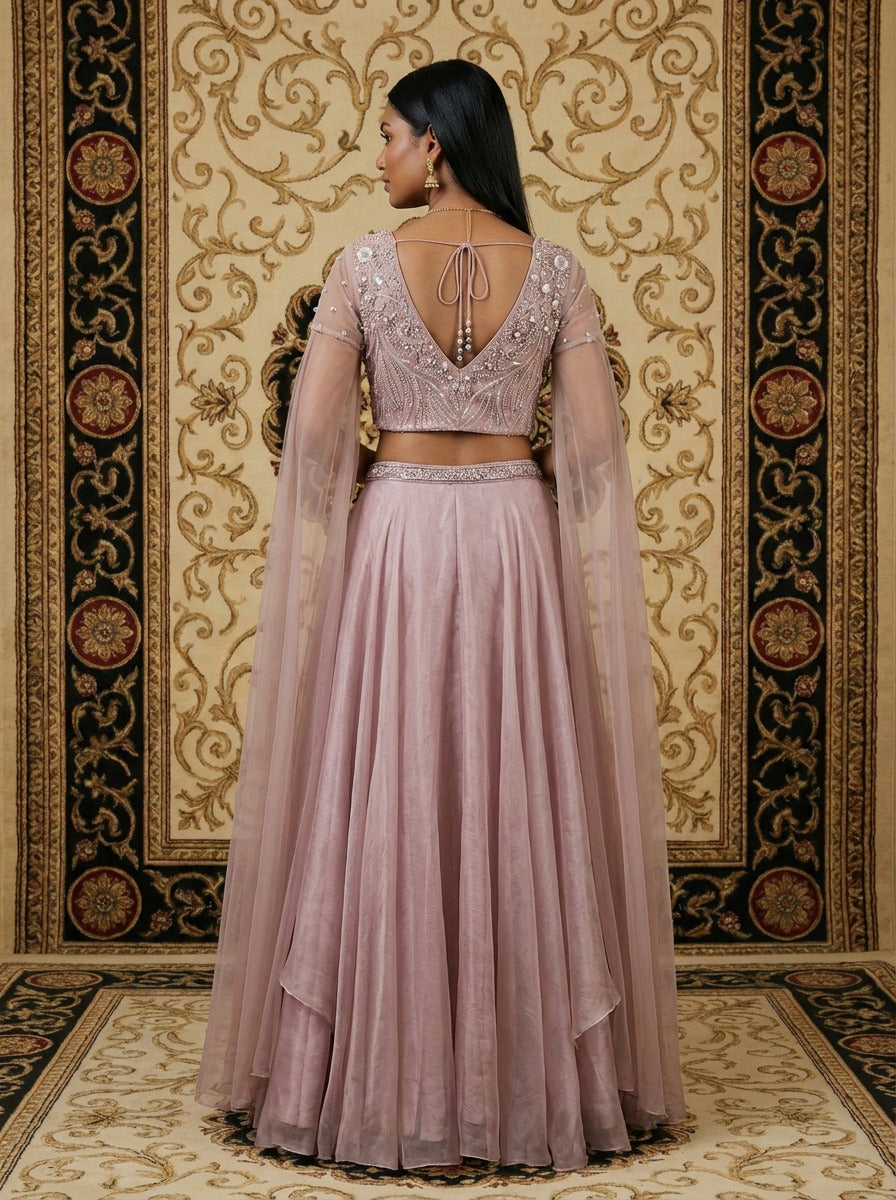 Dusty Rose Cape-Sleeve Lehenga Choli Set