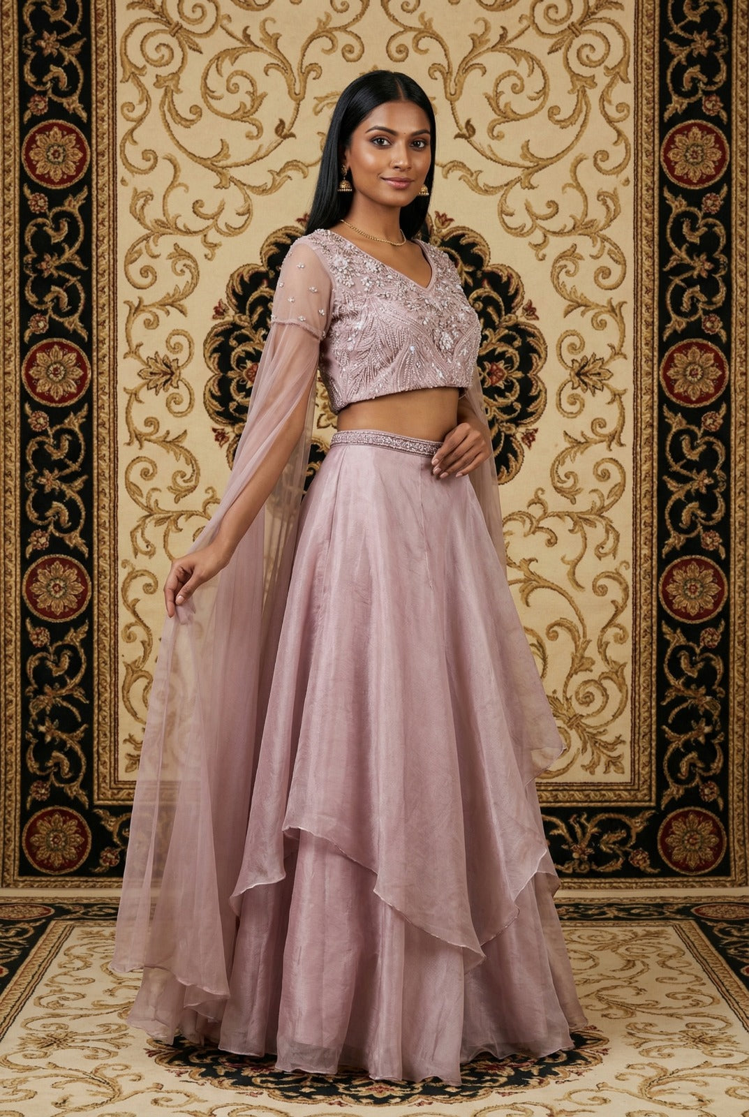 Dusty Rose Cape-Sleeve Lehenga Choli Set