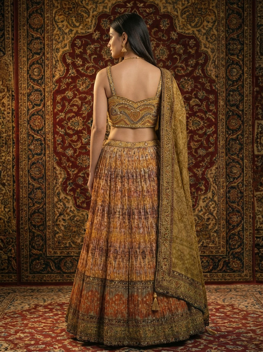 Mustard Ombre Pleated Lehenga Choli Set with Embroidered Bustier & Organza Dupatta