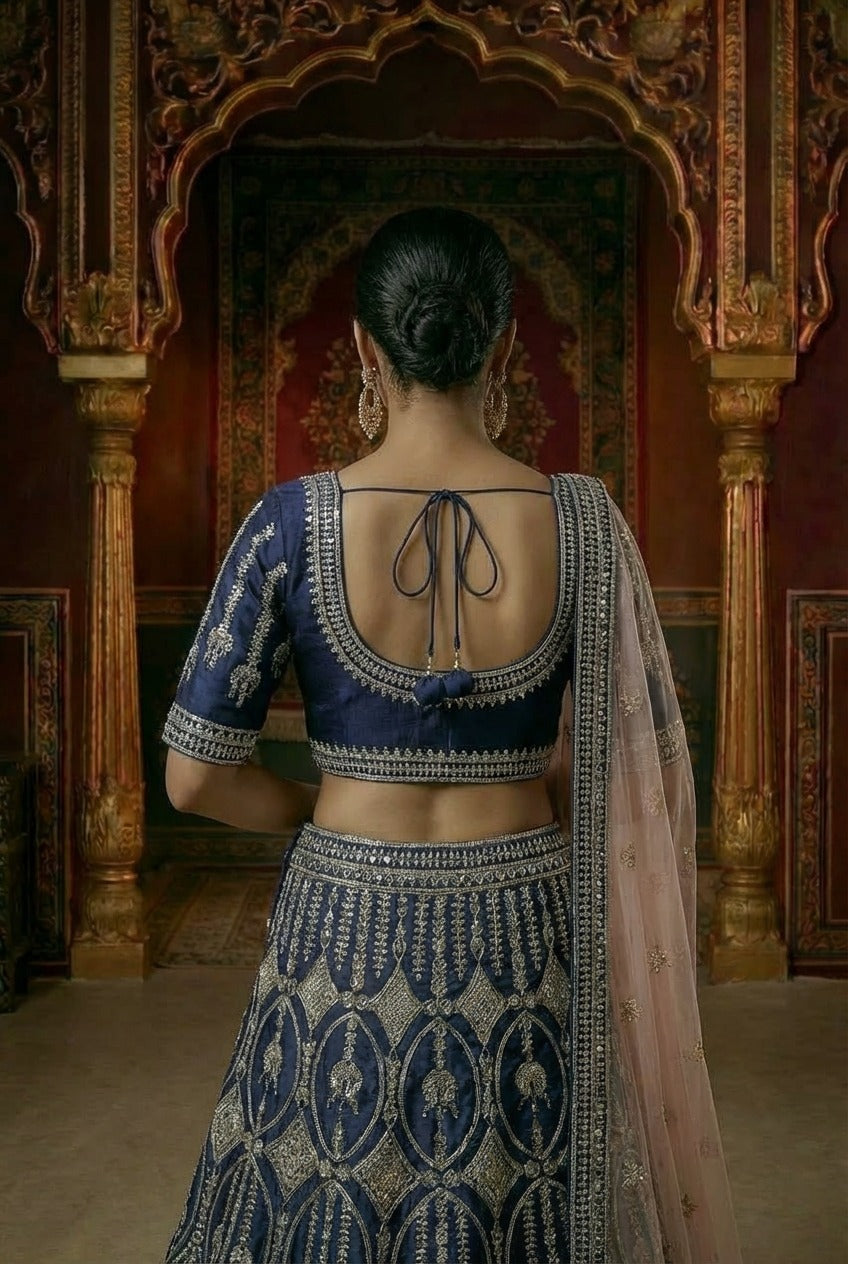 Royal Blue Silk Lehenga with Silver Embroidered Blouse & Rust Net Dupatta