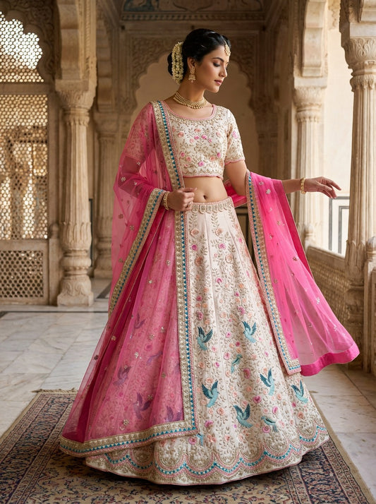 Ivory Velvet Lehenga Choli with Bird & Floral Embroidery