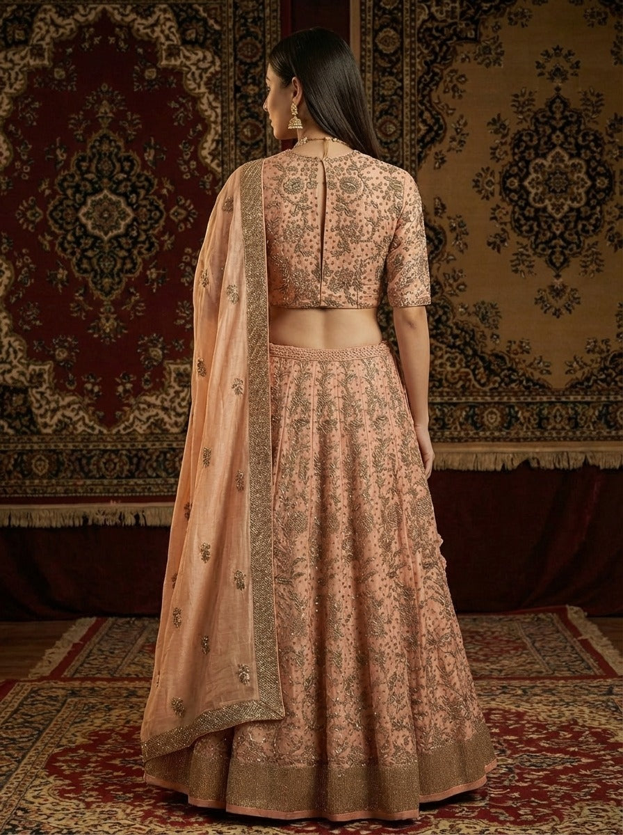 Gold Zardosi Floral Silk Lehenga Set
