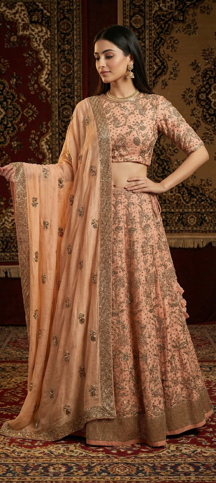 Gold Zardosi Floral Silk Lehenga Set