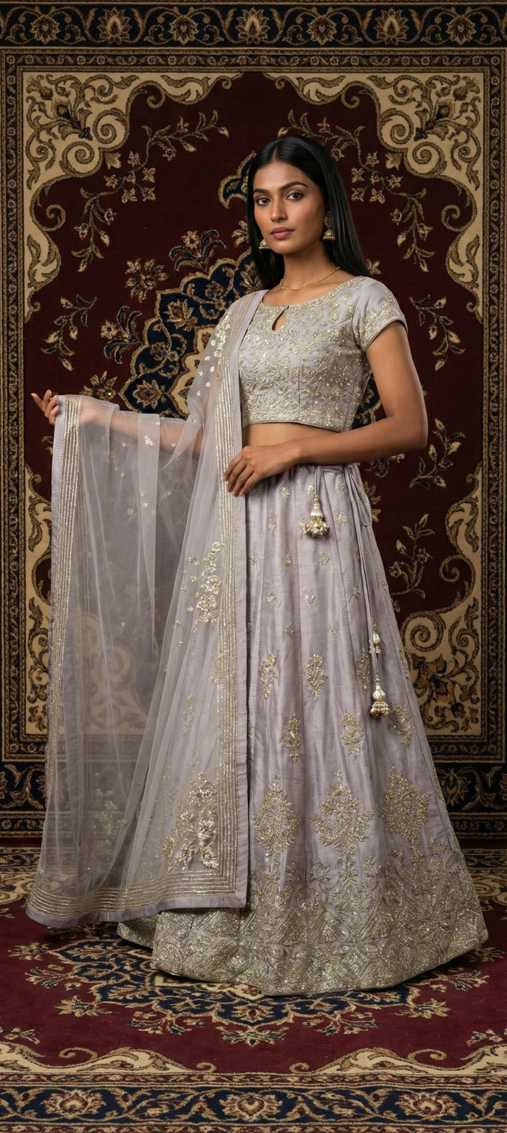 Lilac-Grey Silk Lehenga Choli with Zardozi Embroidery