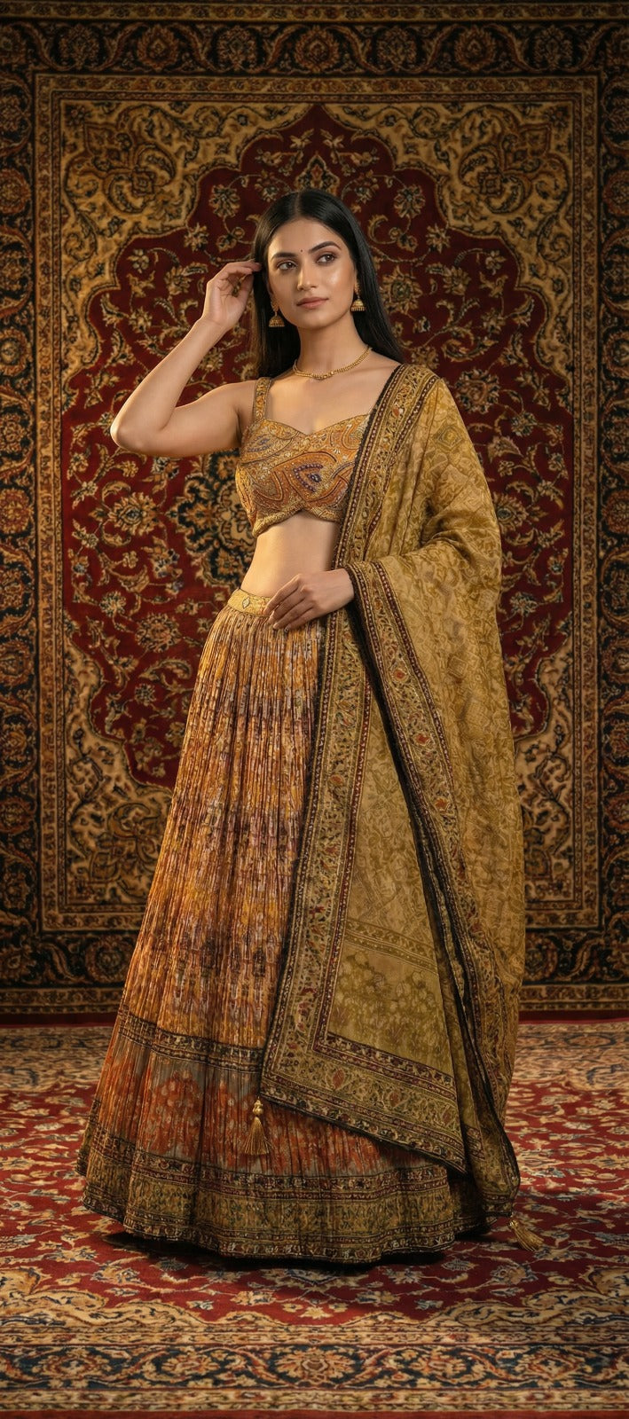 Mustard Ombre Pleated Lehenga Choli Set with Embroidered Bustier & Organza Dupatta