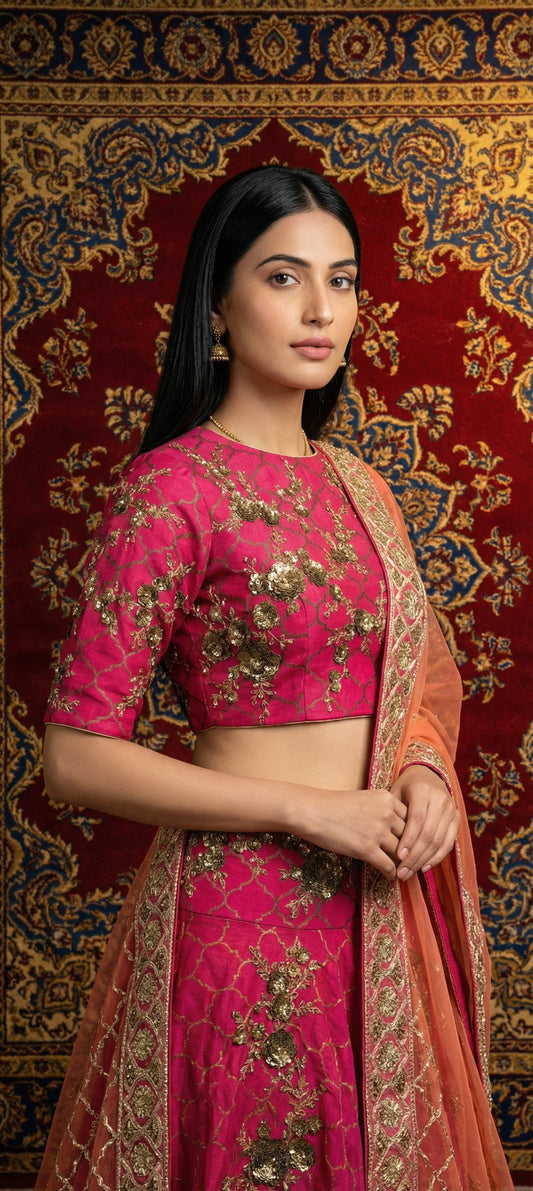 Pink & Orange Zari Embroidered Lehenga Set
