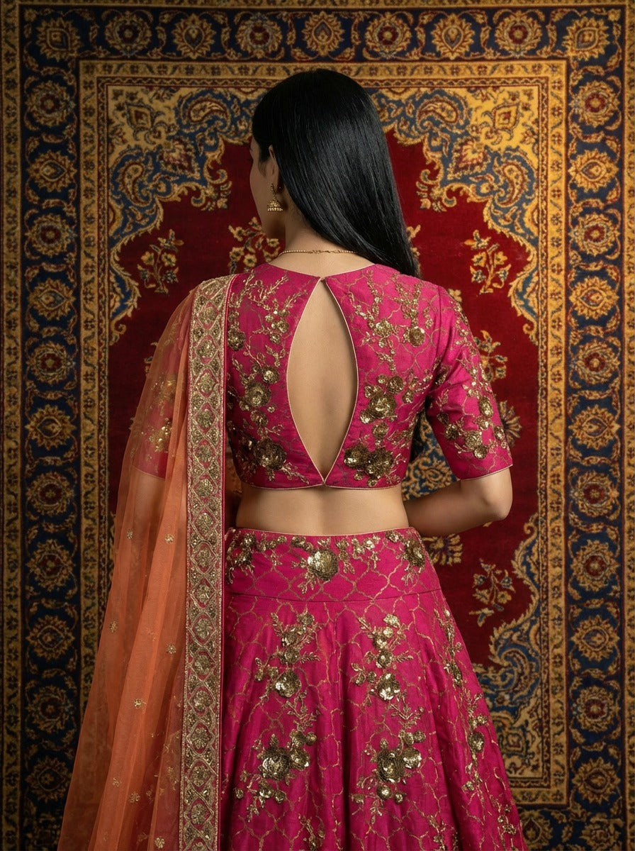 Pink & Orange Zari Embroidered Lehenga Set