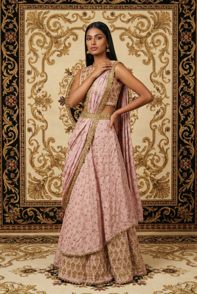 Blush Pink Silk Lehenga Saree with Zari & Zardosi Embroidery