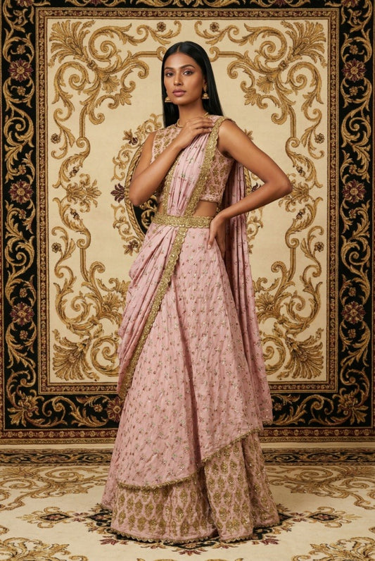 Blush Pink Silk Lehenga Saree with Zari & Zardosi Embroidery