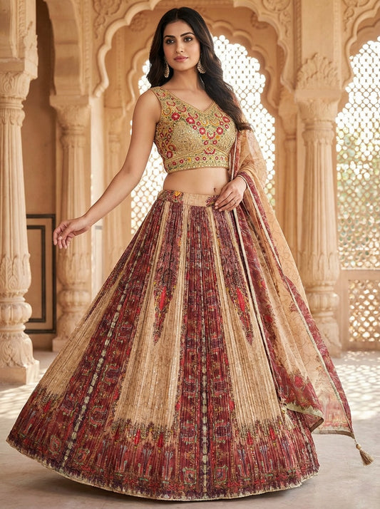 Gold Sequin Blouse with Printed Chinon Lehenga Set