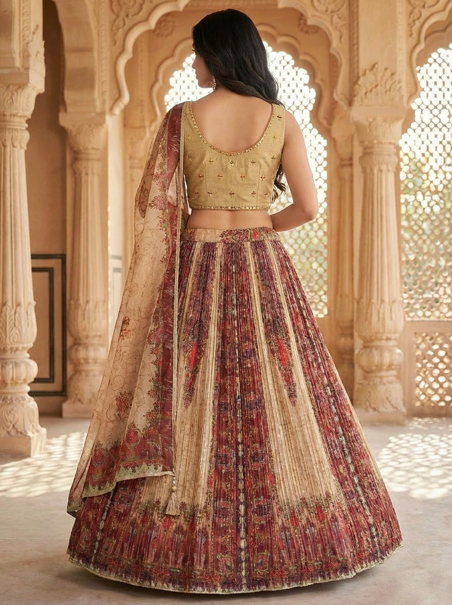 Gold Sequin Blouse with Printed Chinon Lehenga Set