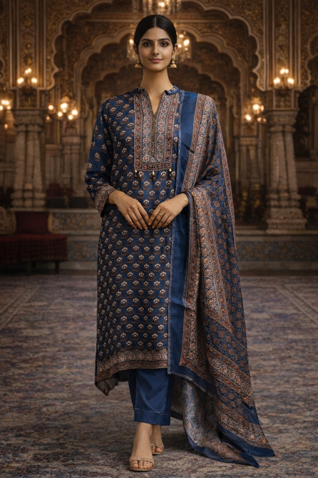 Mandarin Collar Embroidered Floral Kurta Set