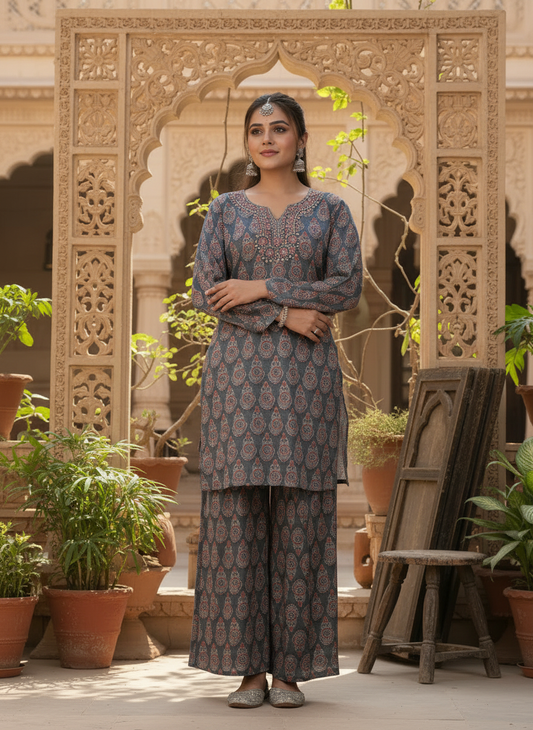 Grey Ethnic Printed Kurta Set With Mirror Work Neckline