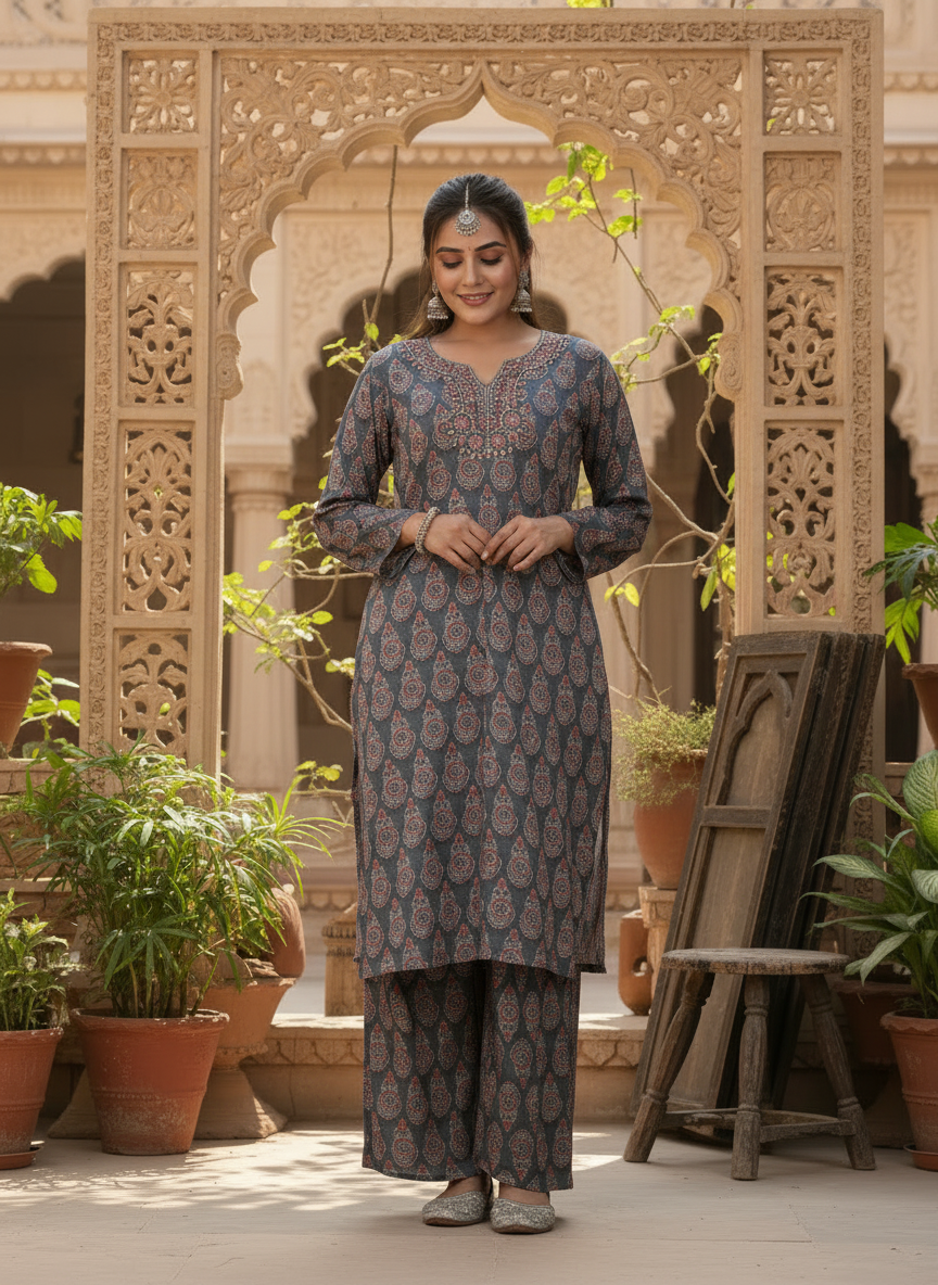 Grey Ethnic Printed Kurta Set With Mirror Work Neckline