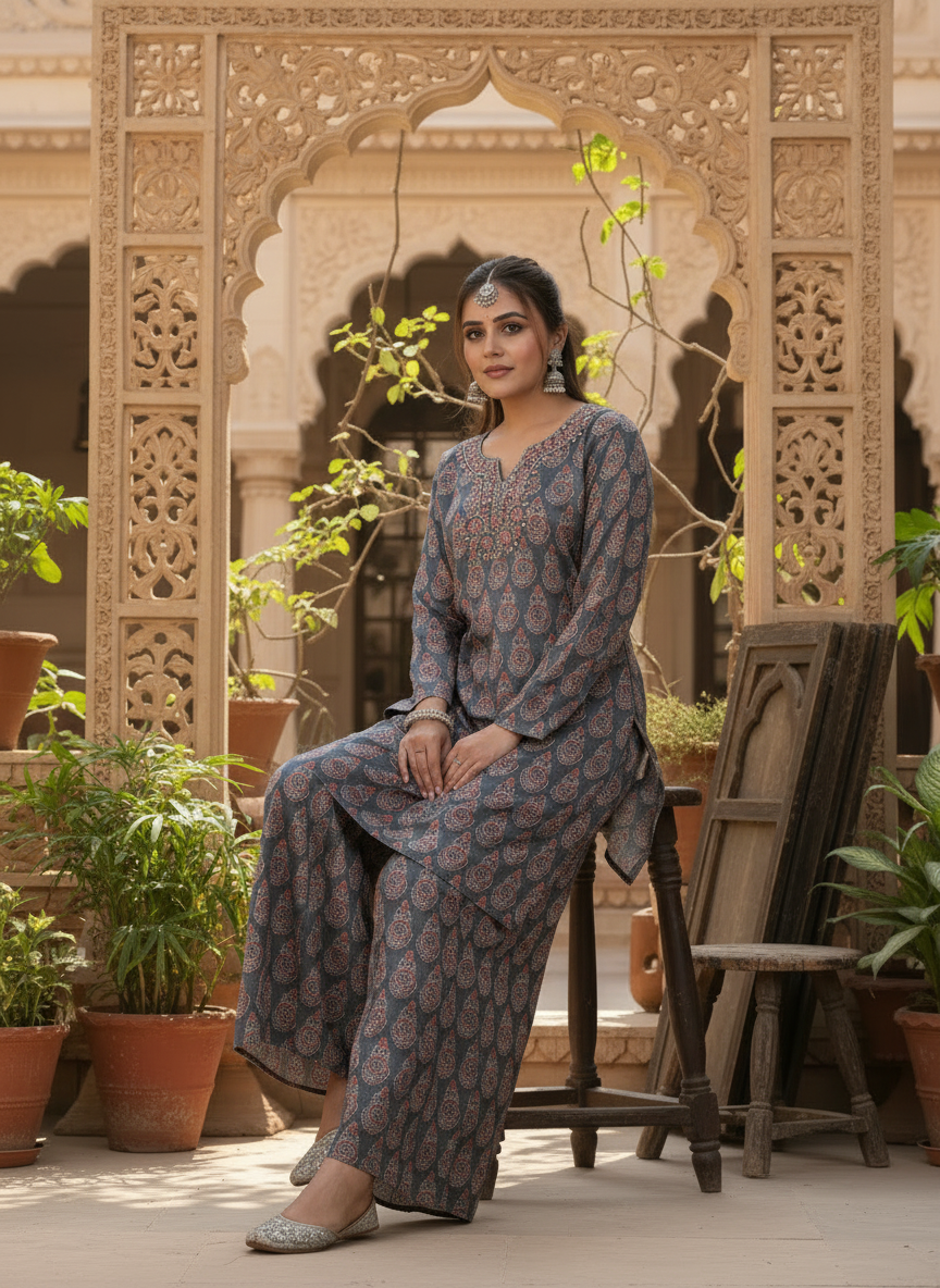 Grey Ethnic Printed Kurta Set With Mirror Work Neckline
