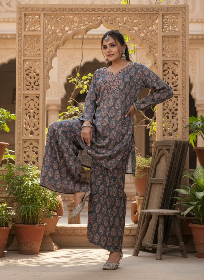 Grey Ethnic Printed Kurta Set With Mirror Work Neckline