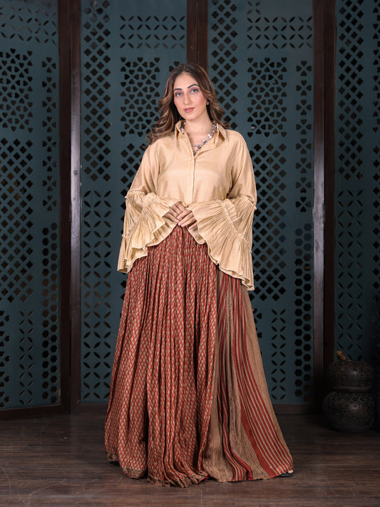 Rust & Brown Bandhani Print Flared Skirt