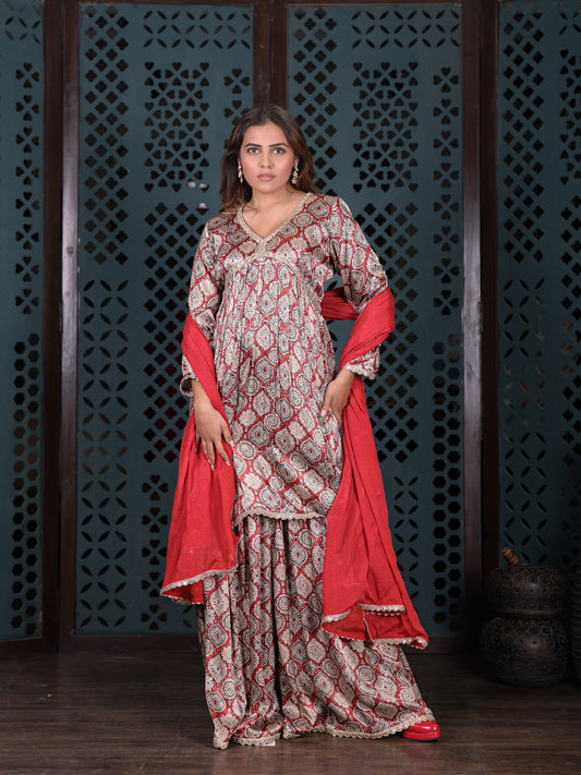 Red Block-printed Sharara Set With Dupatta