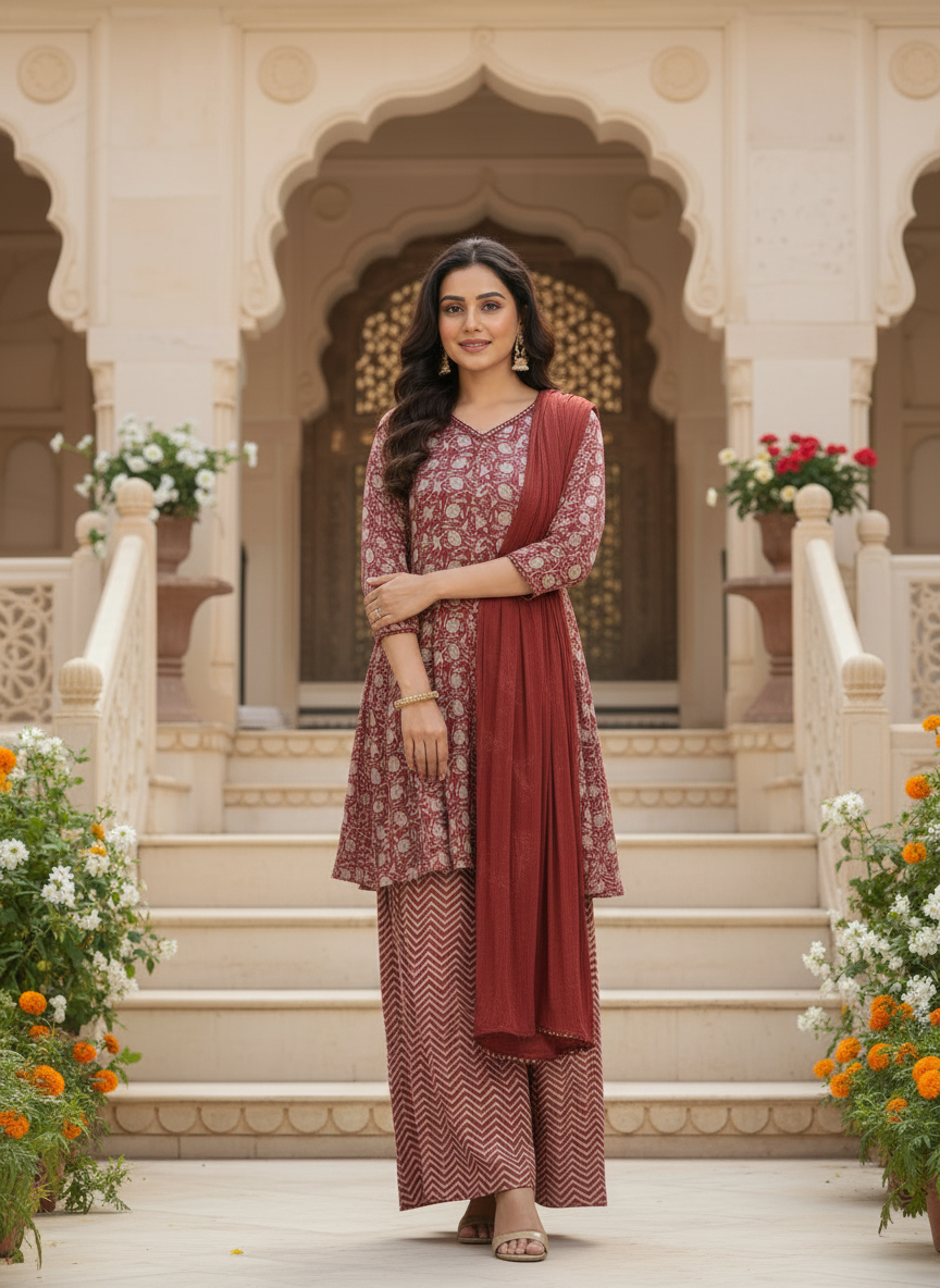 Maroon Floral Kurta Set With Flared Palazzo And Plain Solid Dupatta