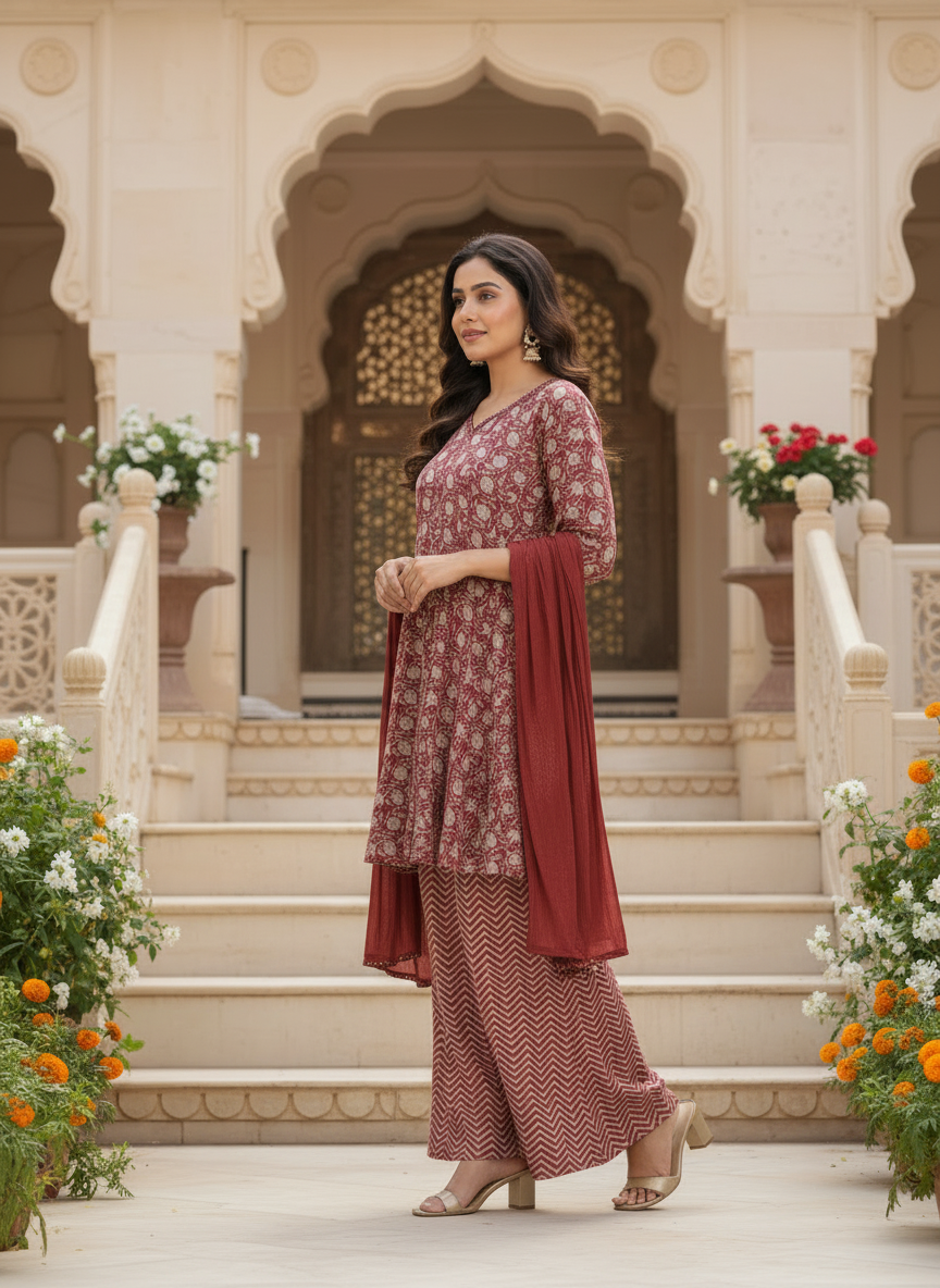 Maroon Floral Kurta Set With Flared Palazzo And Plain Solid Dupatta