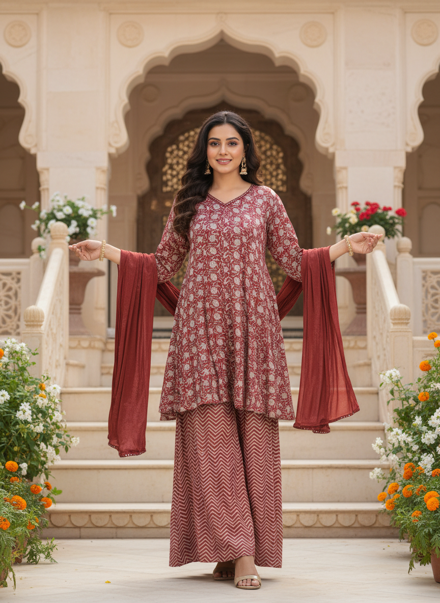 Maroon Floral Kurta Set With Flared Palazzo And Plain Solid Dupatta
