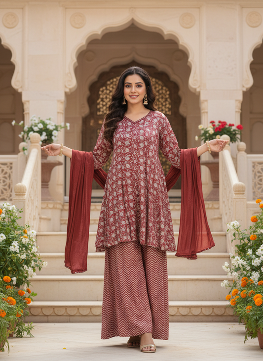 Maroon Floral Kurta Set With Flared Palazzo And Plain Solid Dupatta