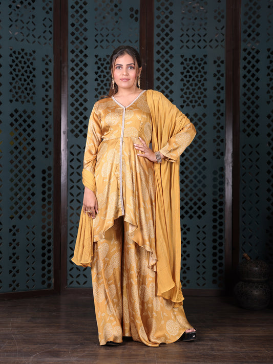 Yellow Asymmetric Kurta Set With Flared Palazzo And Chiffon Dupatta