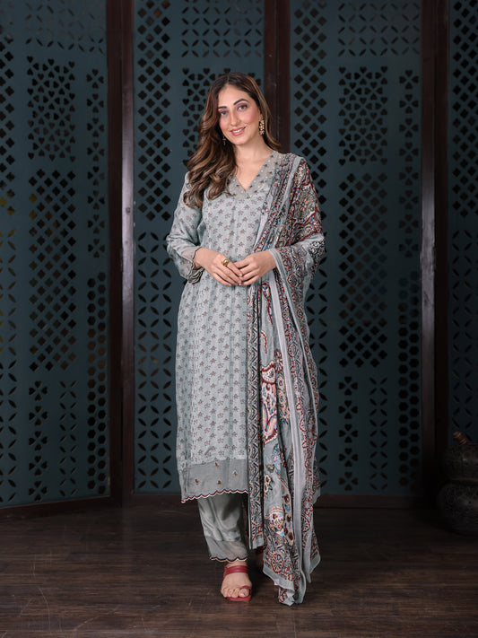 Soft Blue Embroidered Muslin Suit Set With Printed Dupatta