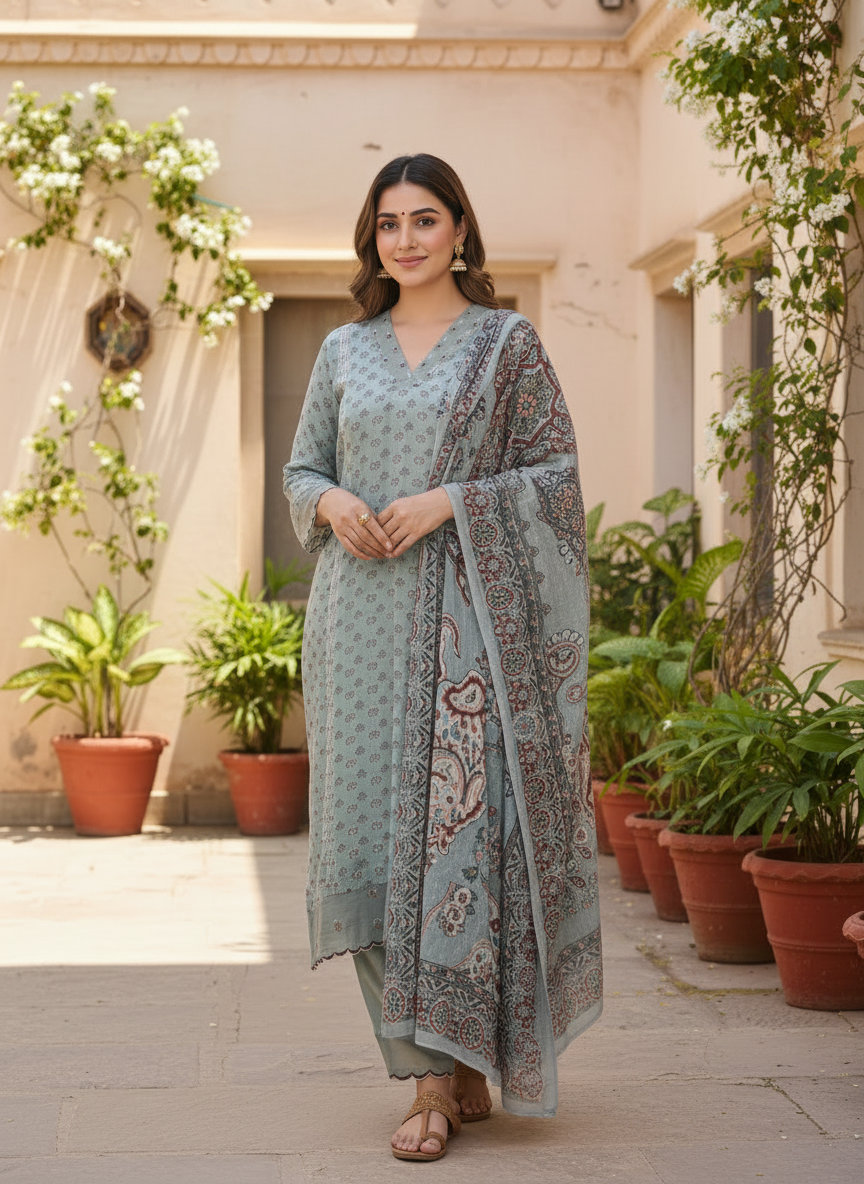 Soft Blue Embroidered Muslin Suit Set With Printed Dupatta