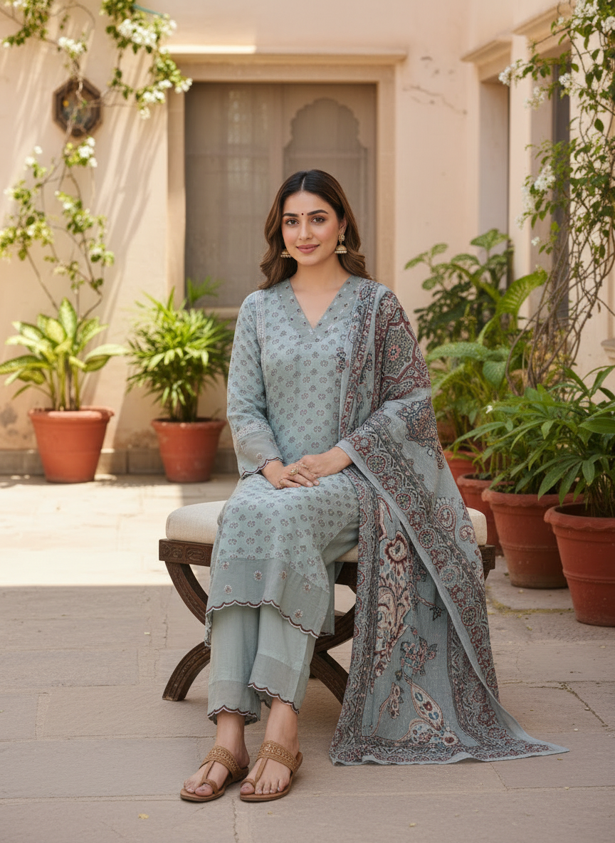 Soft Blue Embroidered Muslin Suit Set With Printed Dupatta