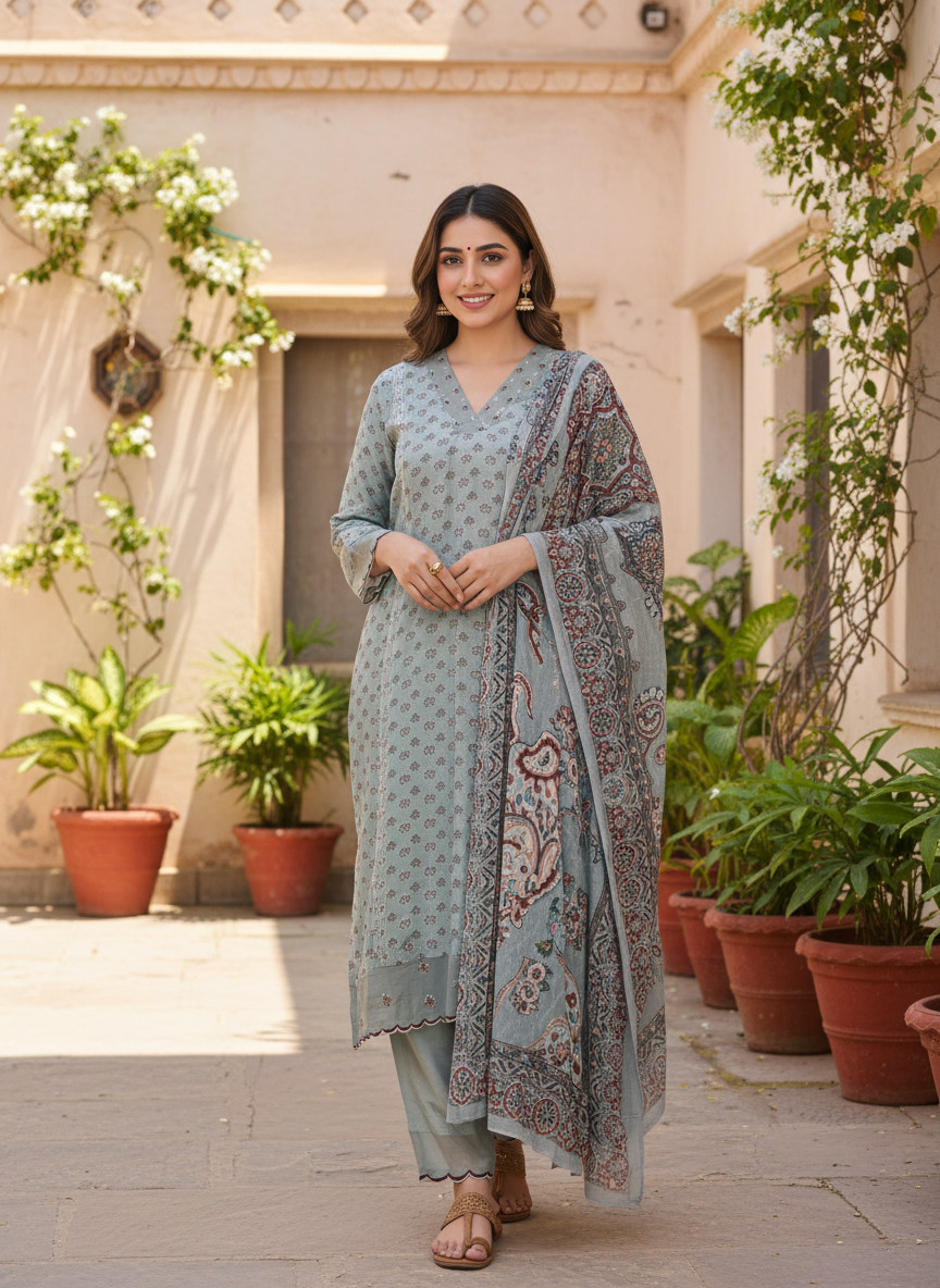 Soft Blue Embroidered Muslin Suit Set With Printed Dupatta